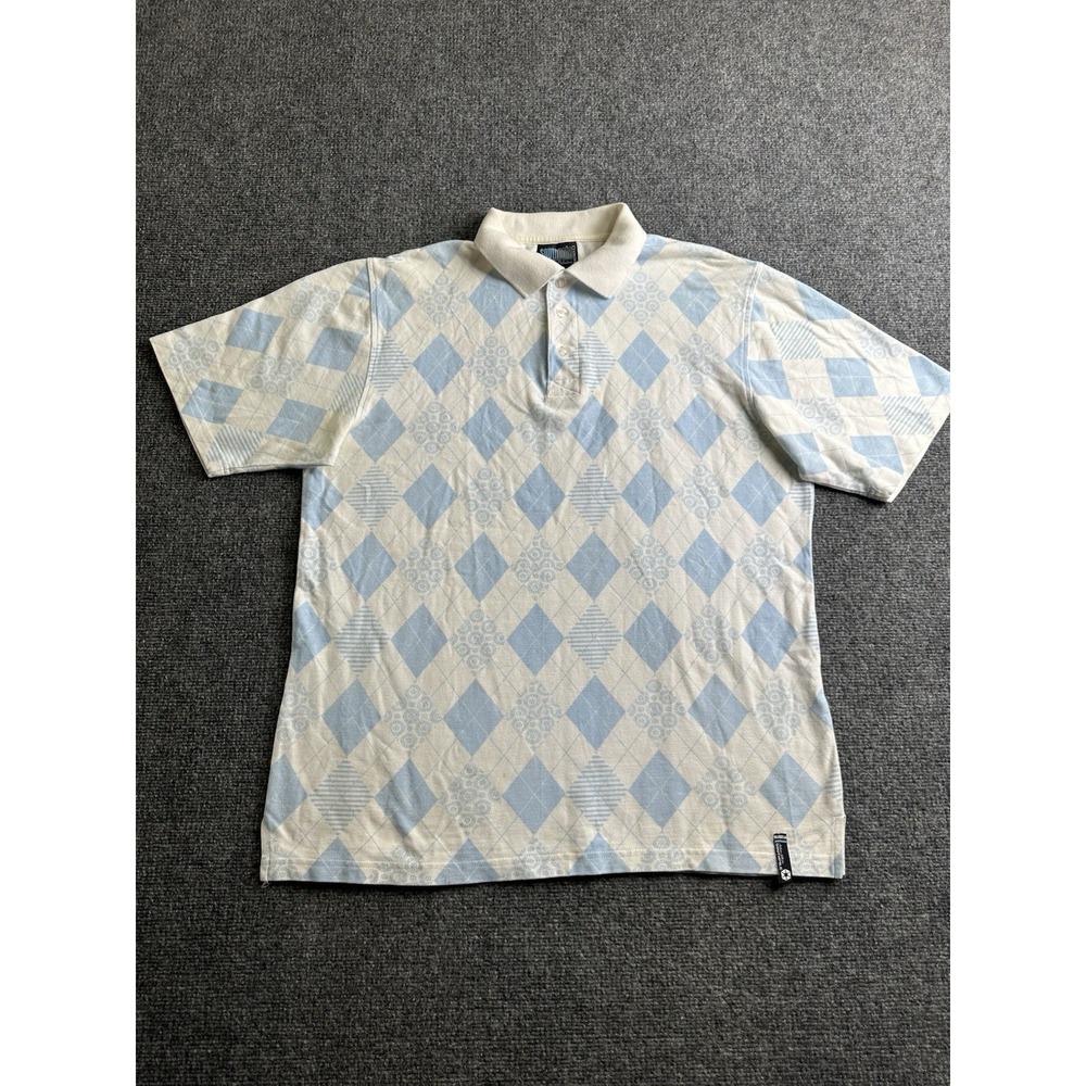 Mens Southpole Polo Shirt Blue Argyle Pattern Short Sleeve, Size L